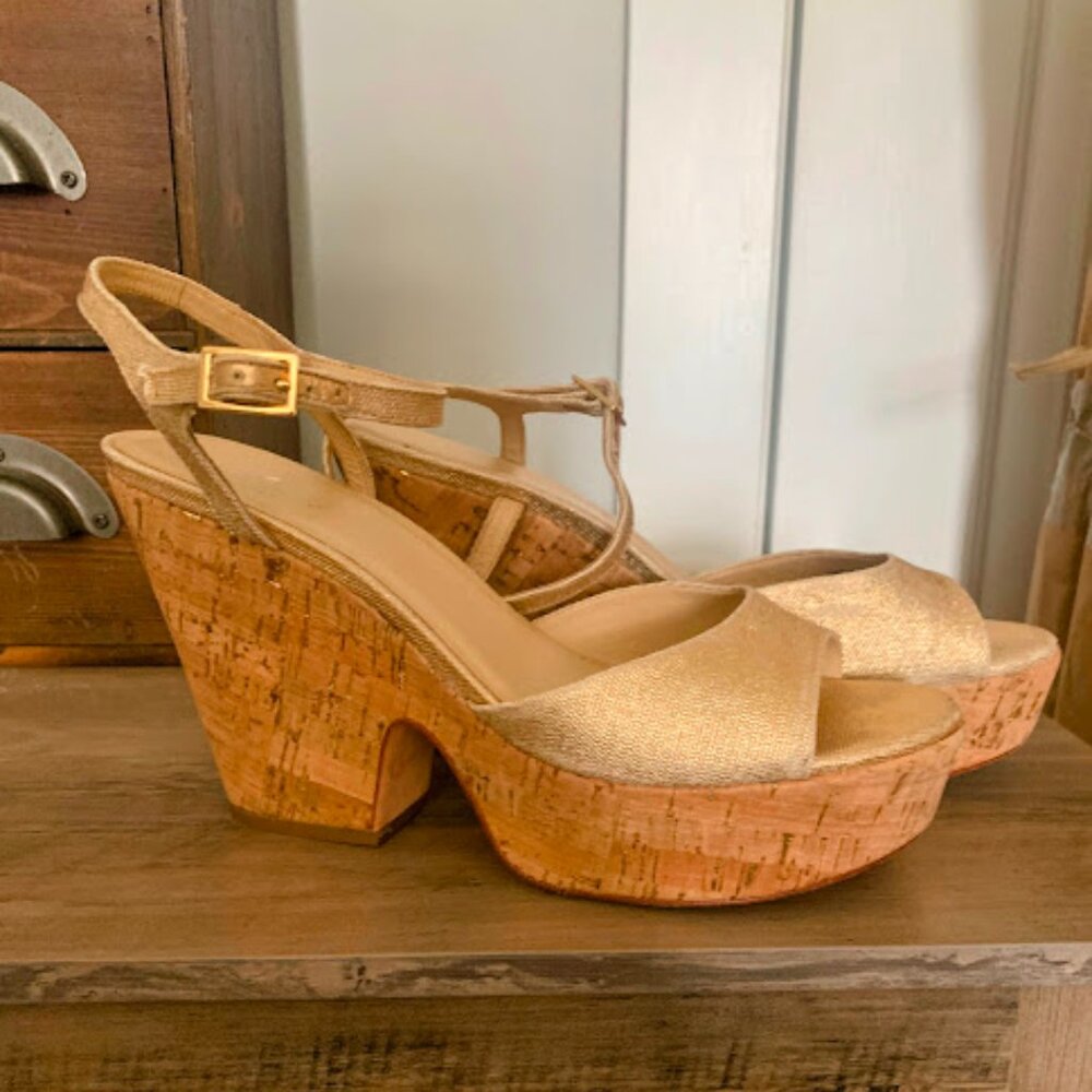 Kate Spade New York 'Penny' Open Toe Cork w/Gold Fleck Platform Sandal-size 8.5